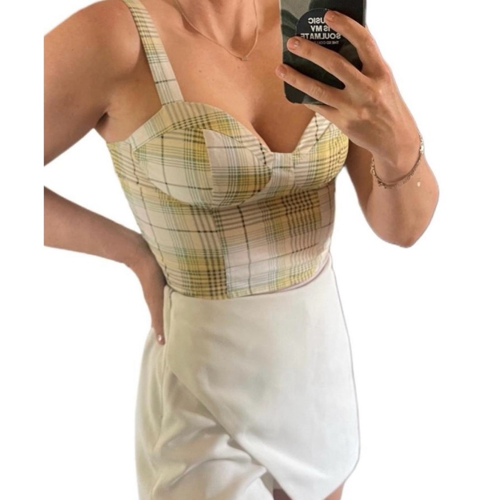 TWINE & STRING • Yellow/Green/White/Brown Plaid Bustier Smocked Crop Top, L - Picture 16 of 16